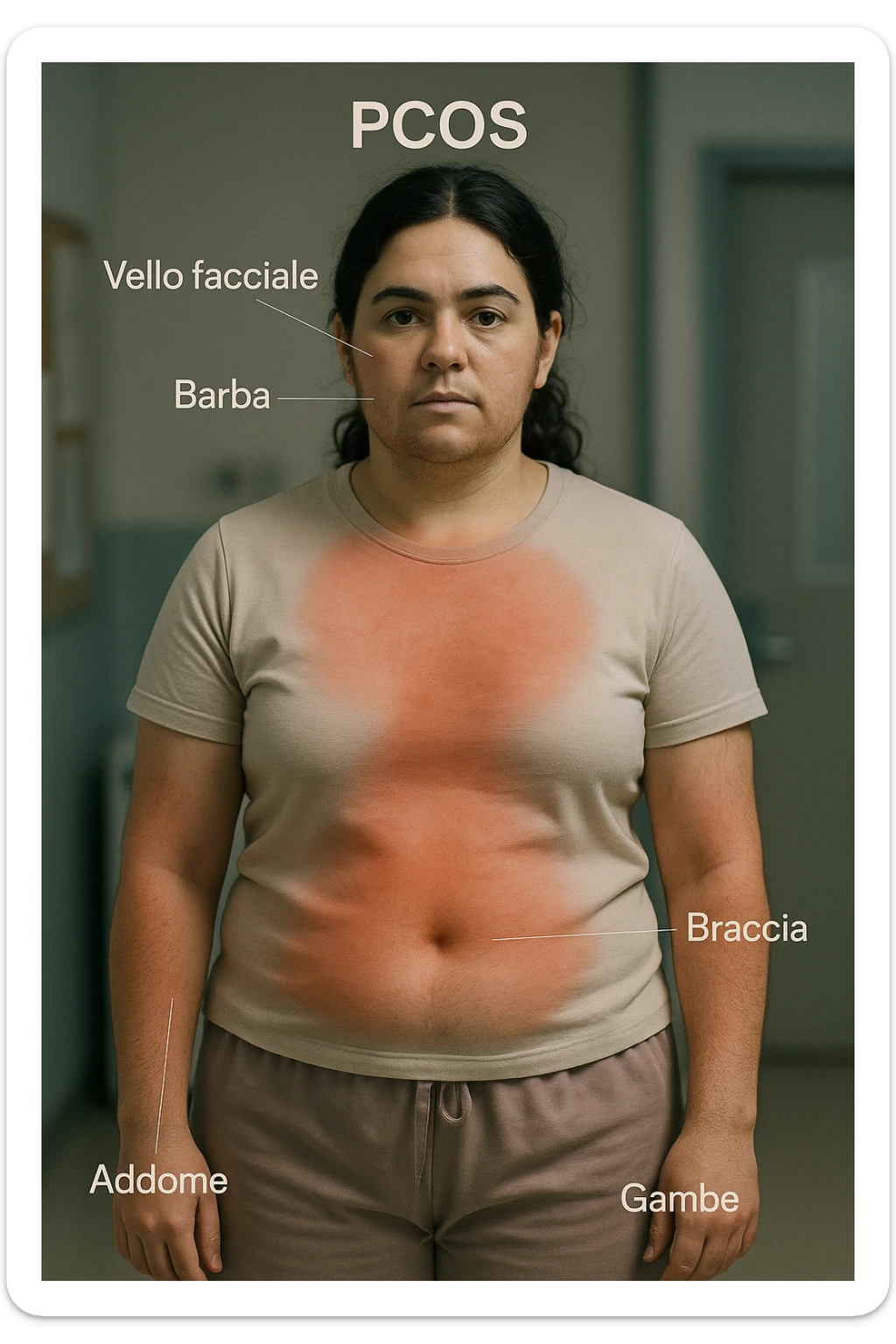 Realistic and cinematic vertical image of a woman with PCOS. Anatomically highlight with colors or transparencies the areas most affected by excess hair (face, chin, chest, abdomen, arms, legs). Clinical atmosphere with captions in Italian. Aspect ratio 2:3. sticker