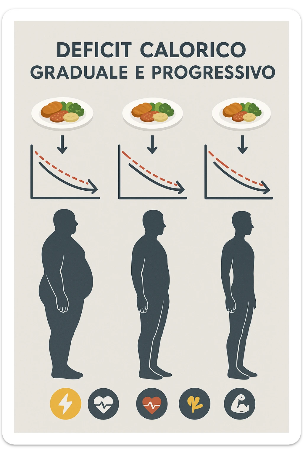 una sequenza di tre sagome umane affiancate, ognuna rappresenta una fase diversa di perdita di peso graduale. Sopra ogni figura, un piatto mostra porzioni di cibo bilanciate ma leggermente ridotte. Frecce e grafici illustrano una diminuzione lenta e costante dell’apporto calorico giornaliero, con icone che rappresentano energia, salute e mantenimento della massa muscolare. Sfondo pulito e moderno, con etichette chiare che spiegano “deficit calorico graduale e progressivo” in italiano sticker