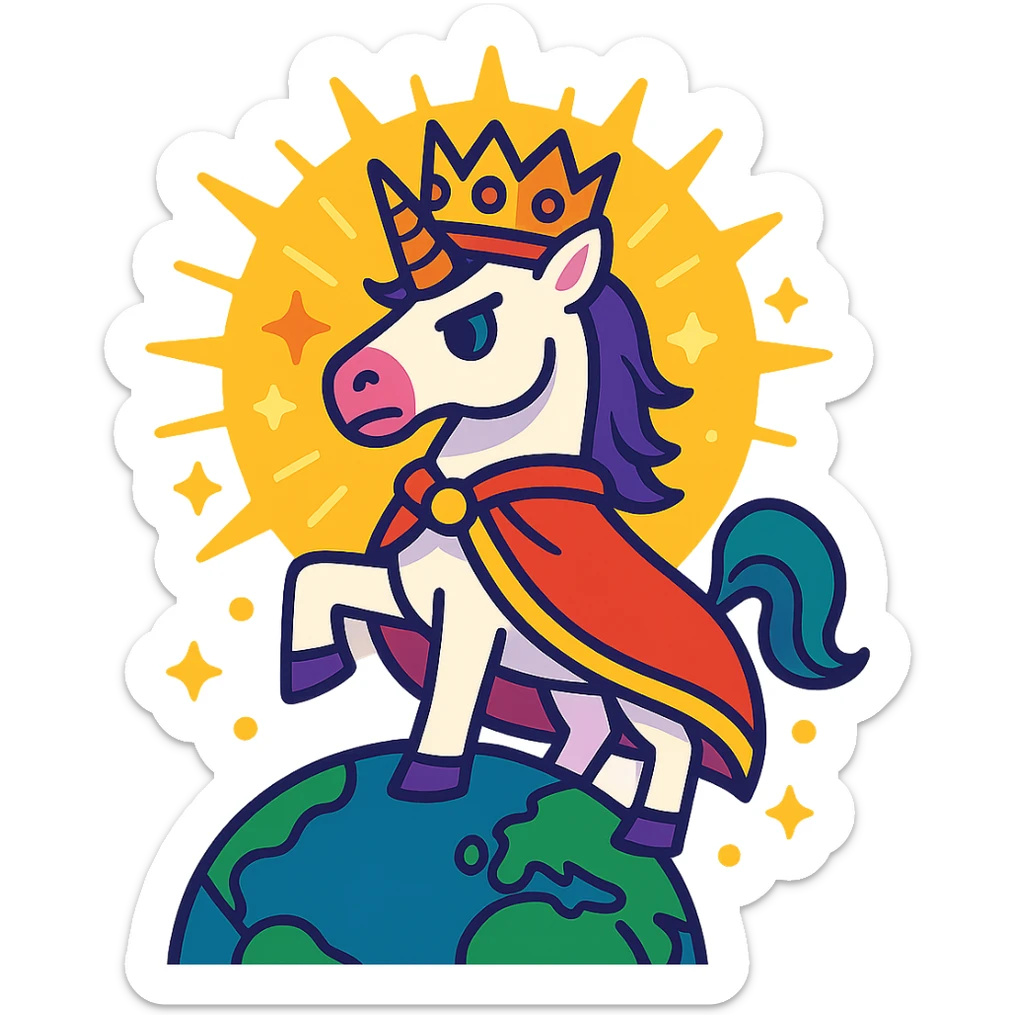 regal unicorn king with a crown surrounded by a luminous aura standing as the conqueror of the world sticker