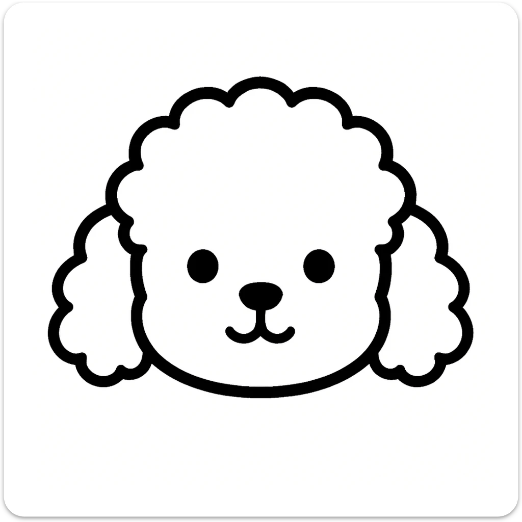 kawaii minimalist cartoon dog head inspired by poodle: round, fluffy head, curly droopy ears, wide-set dot eyes, tiny round nose, upside-down 'Y' mouth. thick, bold black lines only, white background, no color or shading. calm, gentle, symmetrical, and cozy. slight hand-drawn feel, very polished, perfect for stickers or coloring books. sticker