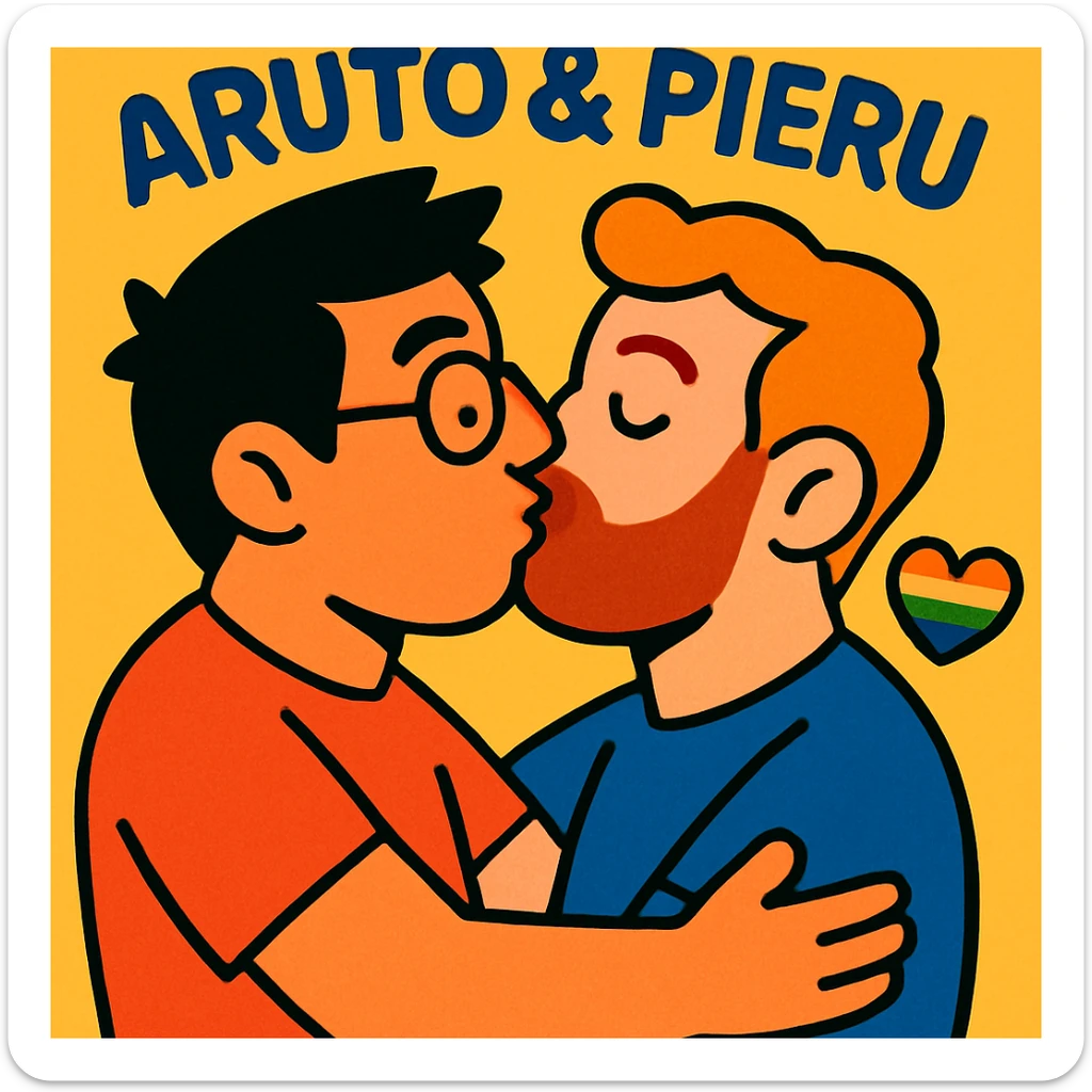 a gay couple kissing, with 'aruto & pieru' written above, in a warm, inclusive, and affectionate style sticker