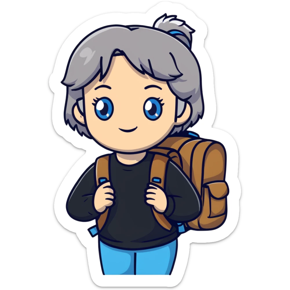 white woman park ranger with blue eyes, brown and gray hair, wearing a backpack sticker