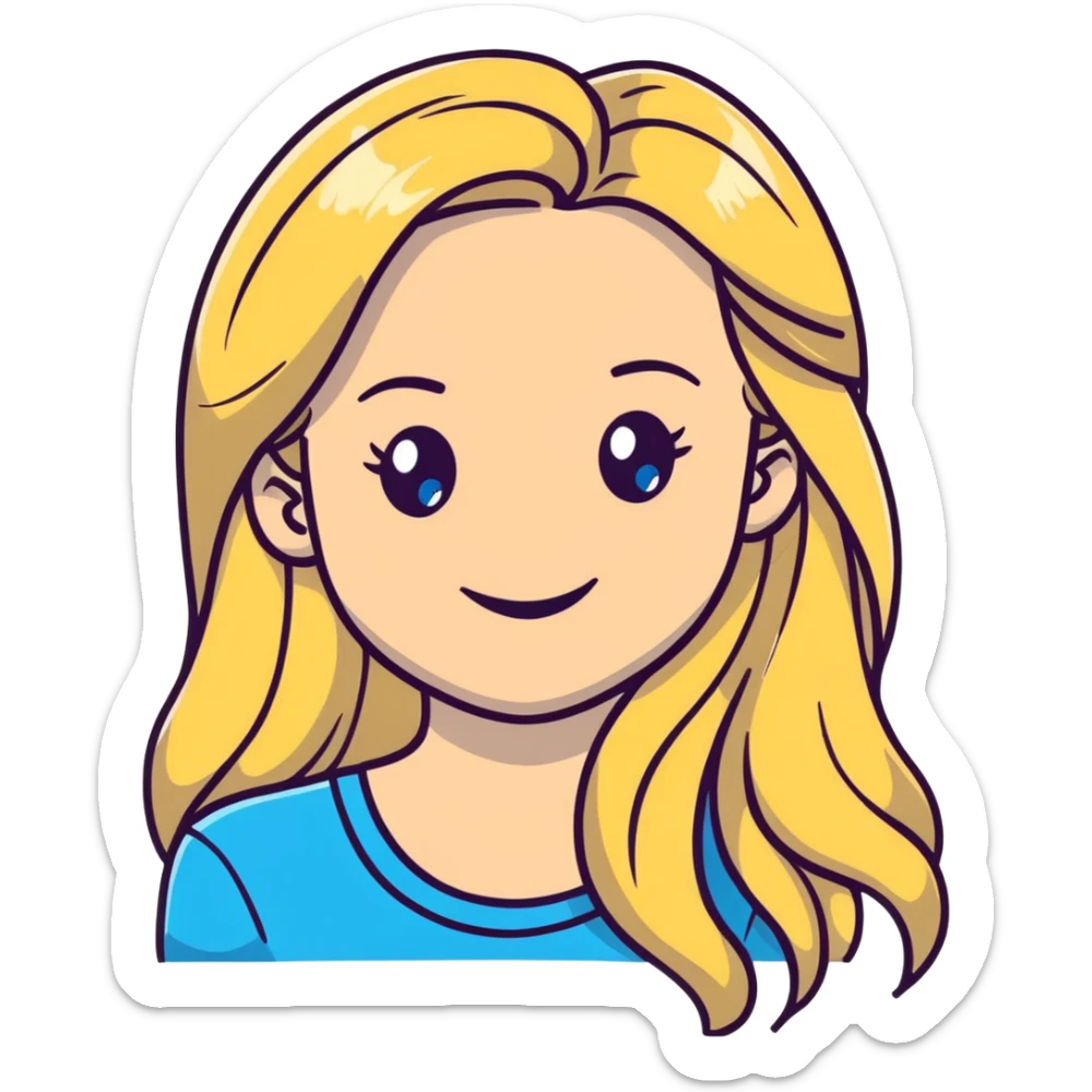 portrait of a smiling female with long blonde hair and blue eyes sticker