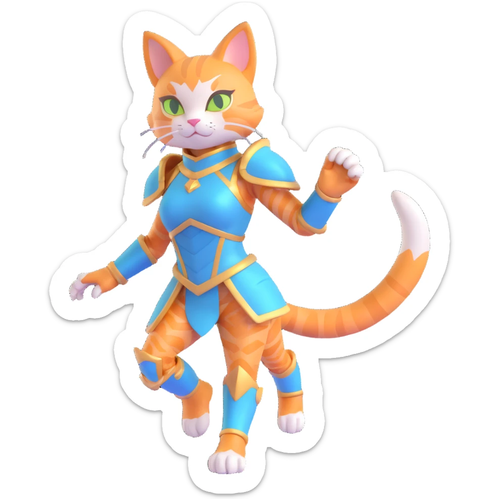 3D cat girl hybrid, fantasy armor, feline features, magical aura, dynamic stance sticker