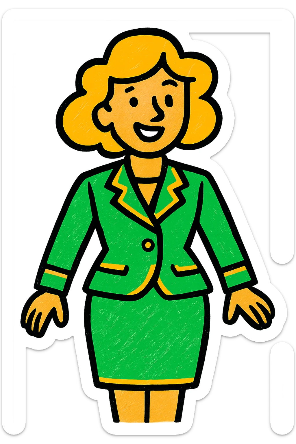 woman in a suit, classic look, green gold and white color scheme, elegant lines, decorative details sticker