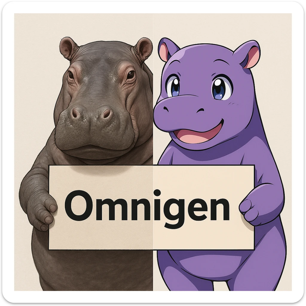 two hippo holding sign of omnigen, half picture 1 hippo is realistic another half is the anime of that same second hippo sticker