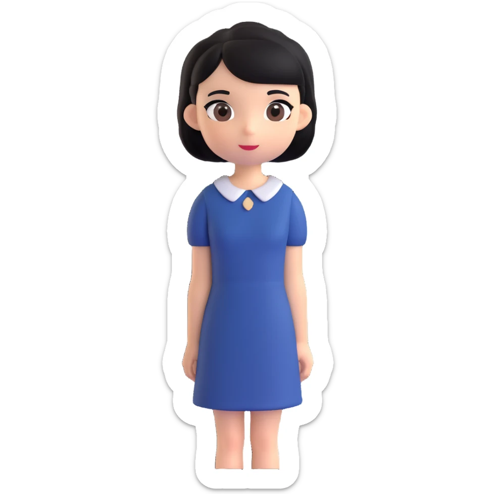 A girl with black hair, dark brown eyes, a beautiful face, short, straight hair to the shoulders, and a navy blue dress. sticker