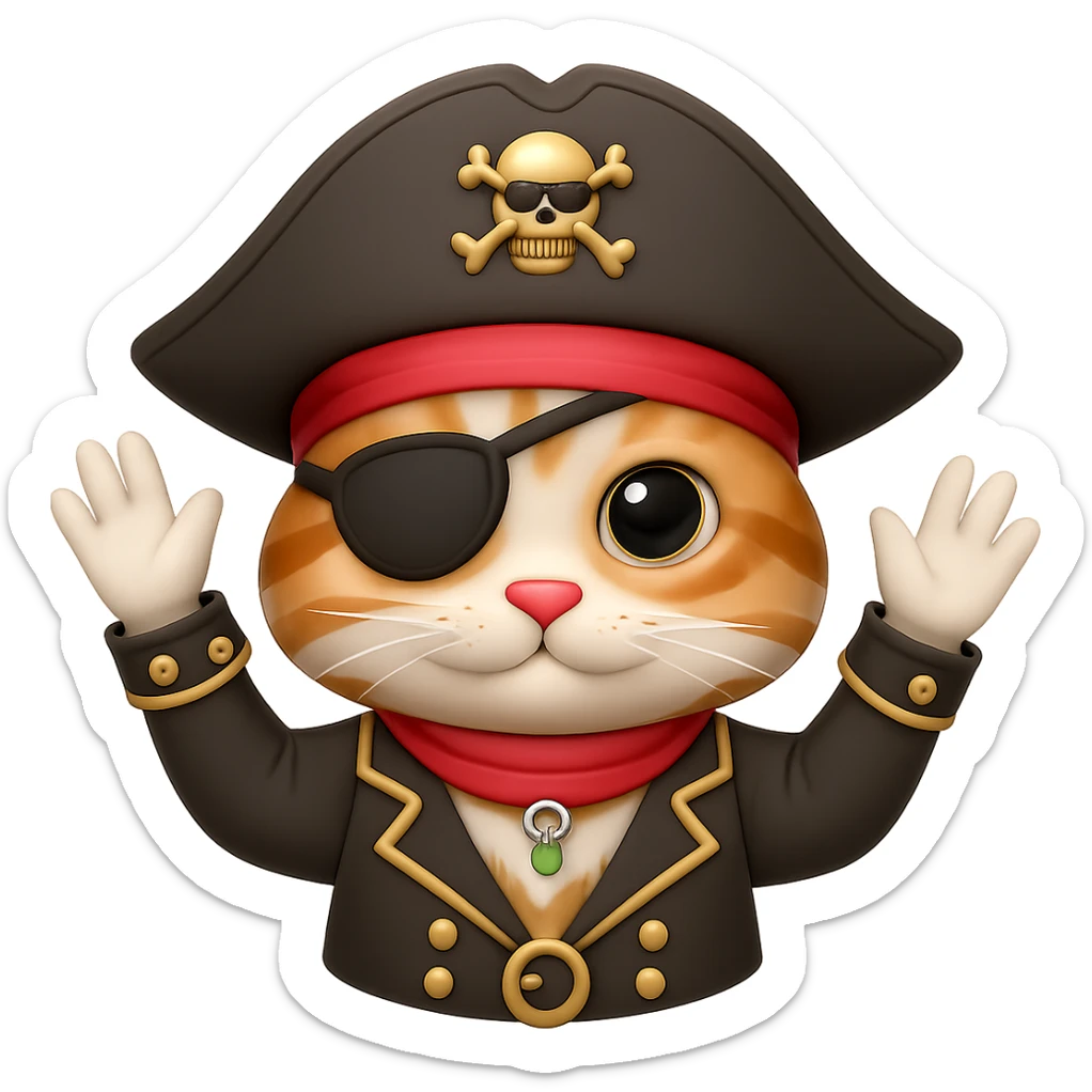 Add an eyepatch to the pirate cat waving, in the style of emoji (apple style emojis). Keep the emoji style and no background. sticker