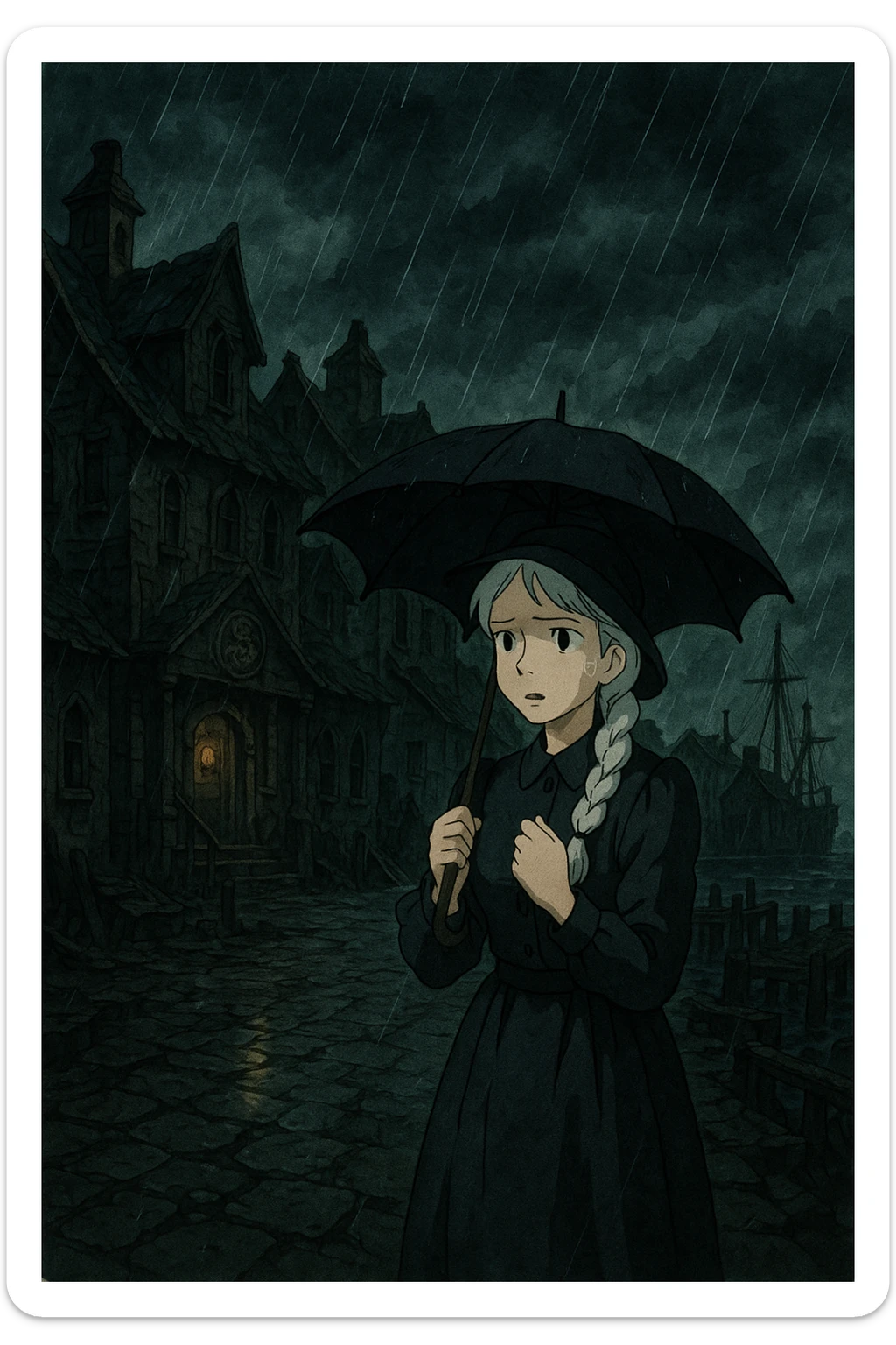 A dark port town, poverty, abandoned stormy, horror novel, innsmouth, cult of Dagon, there is 1 female with a long white braid and traditional 1930's dress clothes, dark dress, shielding herself from the rain sticker