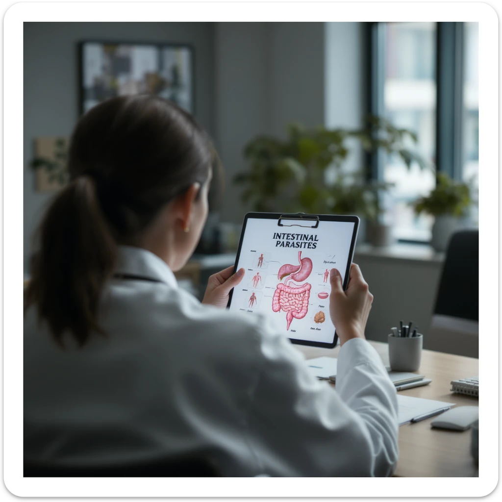cinematic, realistic photo from behind of two doctors in a modern office, focused on a chart with intestinal parasites, dramatic lighting, 2:3 aspect ratio sticker