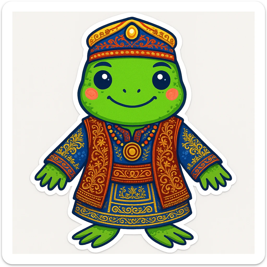 Add more intricate details to the Bashkir national costume, such as embroidery and accessories, while keeping the playful frog design (sticker style) sticker