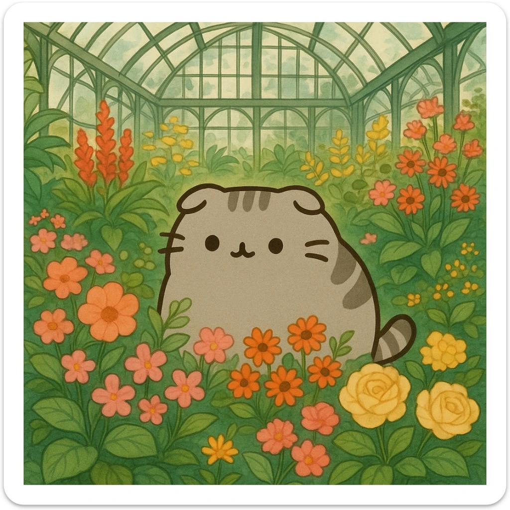 scottish fold pusheen cat surrounded by flowers in a botanical garden greenhouse sticker