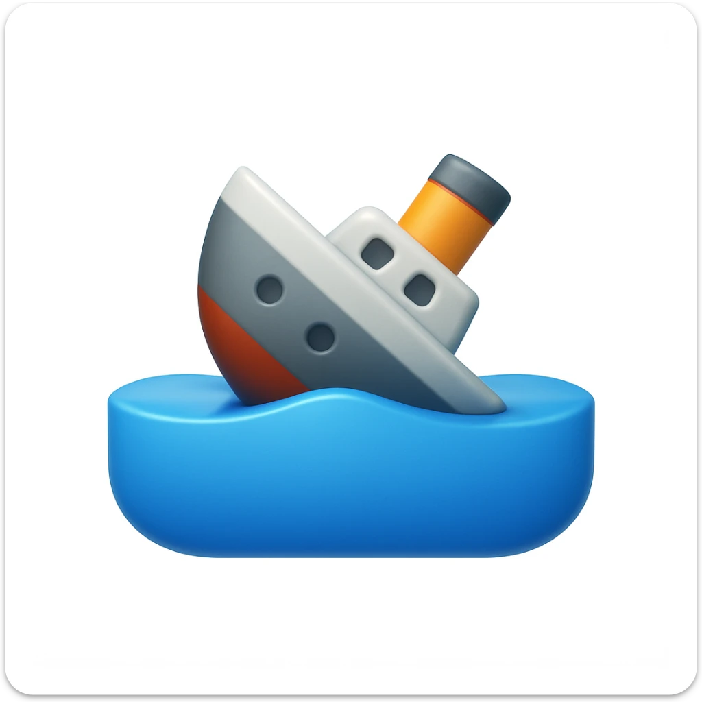 A 3D emoji in iOS emoji aesthetic style of a ship almost completely submerged underwater, with only the back tip of the vessel still visible above the ocean surface, calm blue water, no waves, glossy Apple-style design, clean white background

 sticker