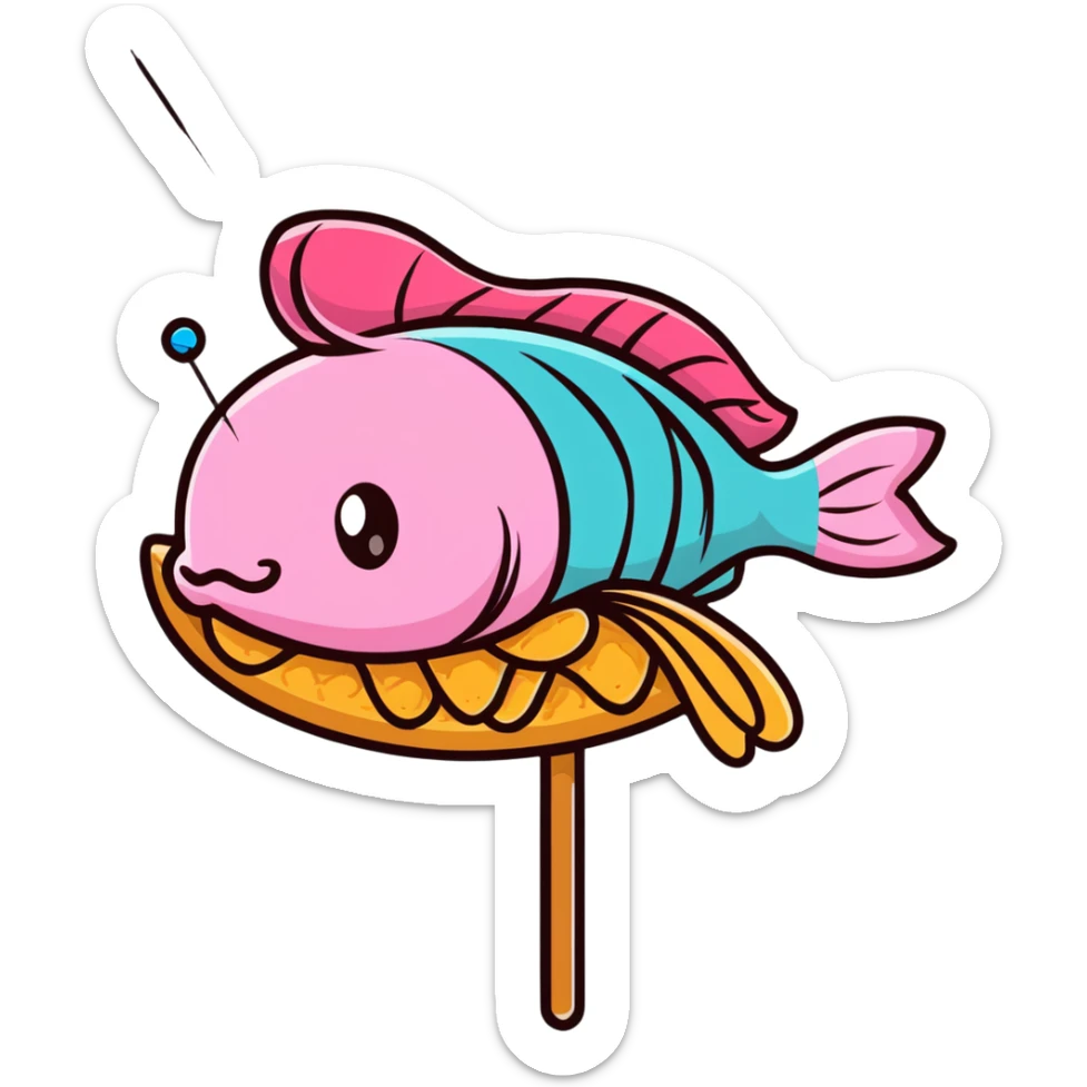 A cute arrangement of fish cake with pink swirl, rice cracker, and tri-colored dango skewer as a Japanese snack trio sticker