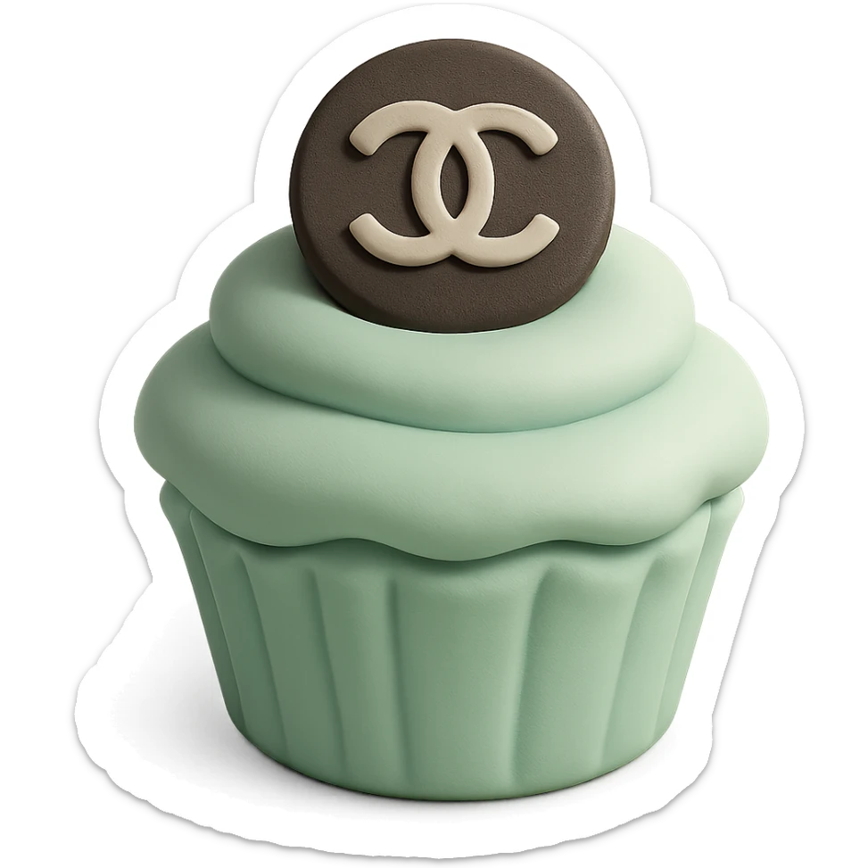 pastel mint Chanel cupcake with a chocolate logo disk, elegant sticker