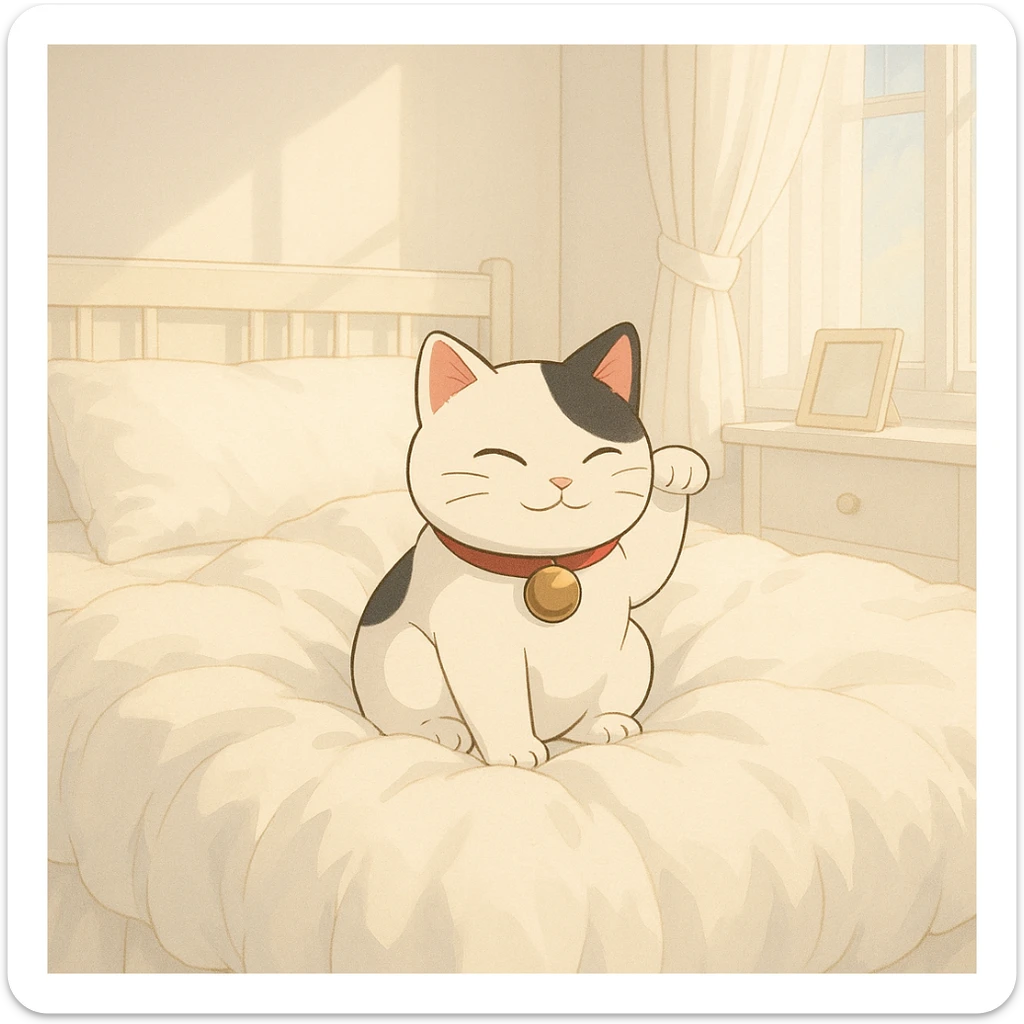 White and black Chinese lucky cat in a cozy on a soft puffy white duvet covered bed in bright white and clean girl aesthetic bedroom, kawaii  sticker