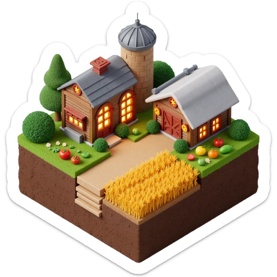 Farm with glowing neon lights across buildings and pipes, visible soil foundation, golden wheat fields and colorful vegetables, skeuomorphism style sticker