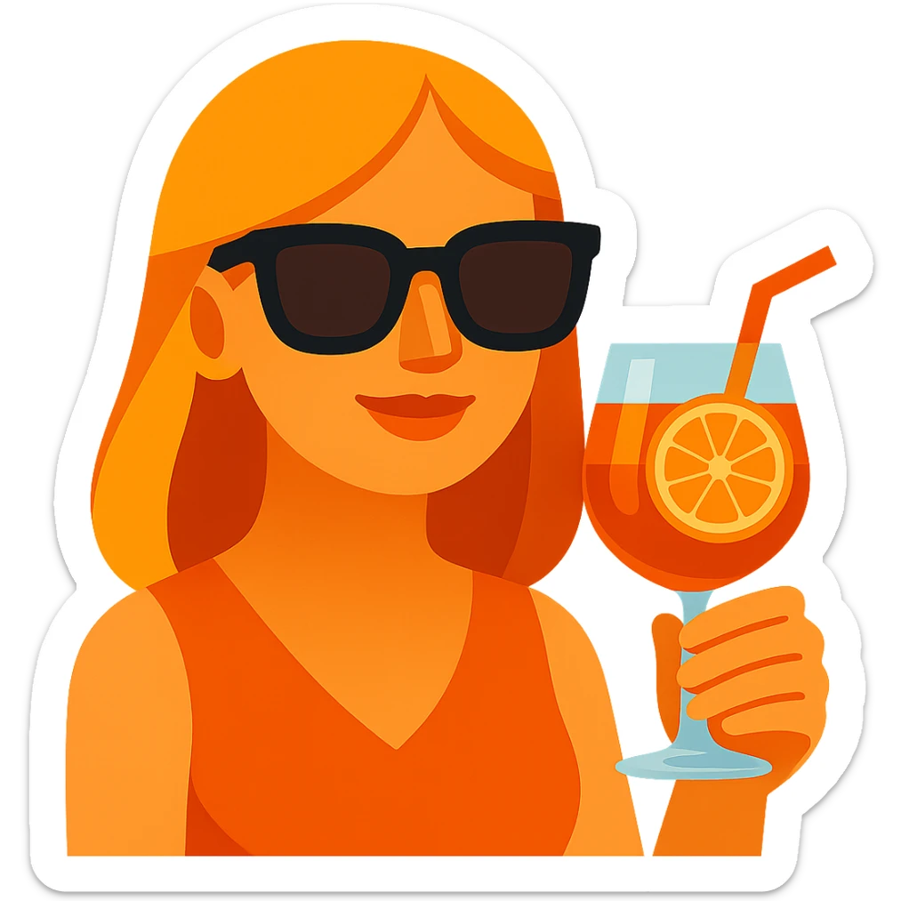 Add sunglasses to the Italian girl and make her hair dark blond, keep the Aperol Spritz and vibrant toon emoji style, with no background. sticker