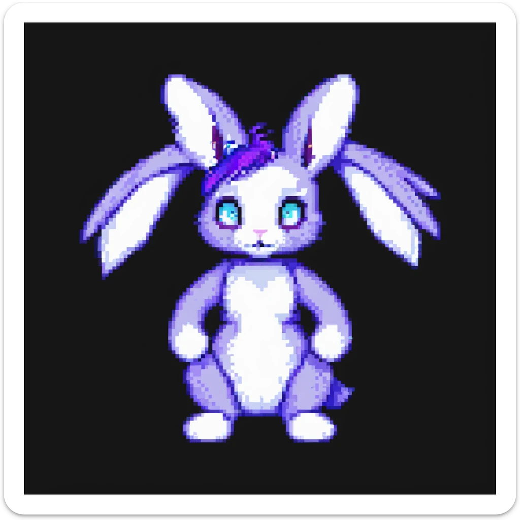 furry anthro male bunny with purple hair, blue eyes, purple and white fur, pixel art style sticker