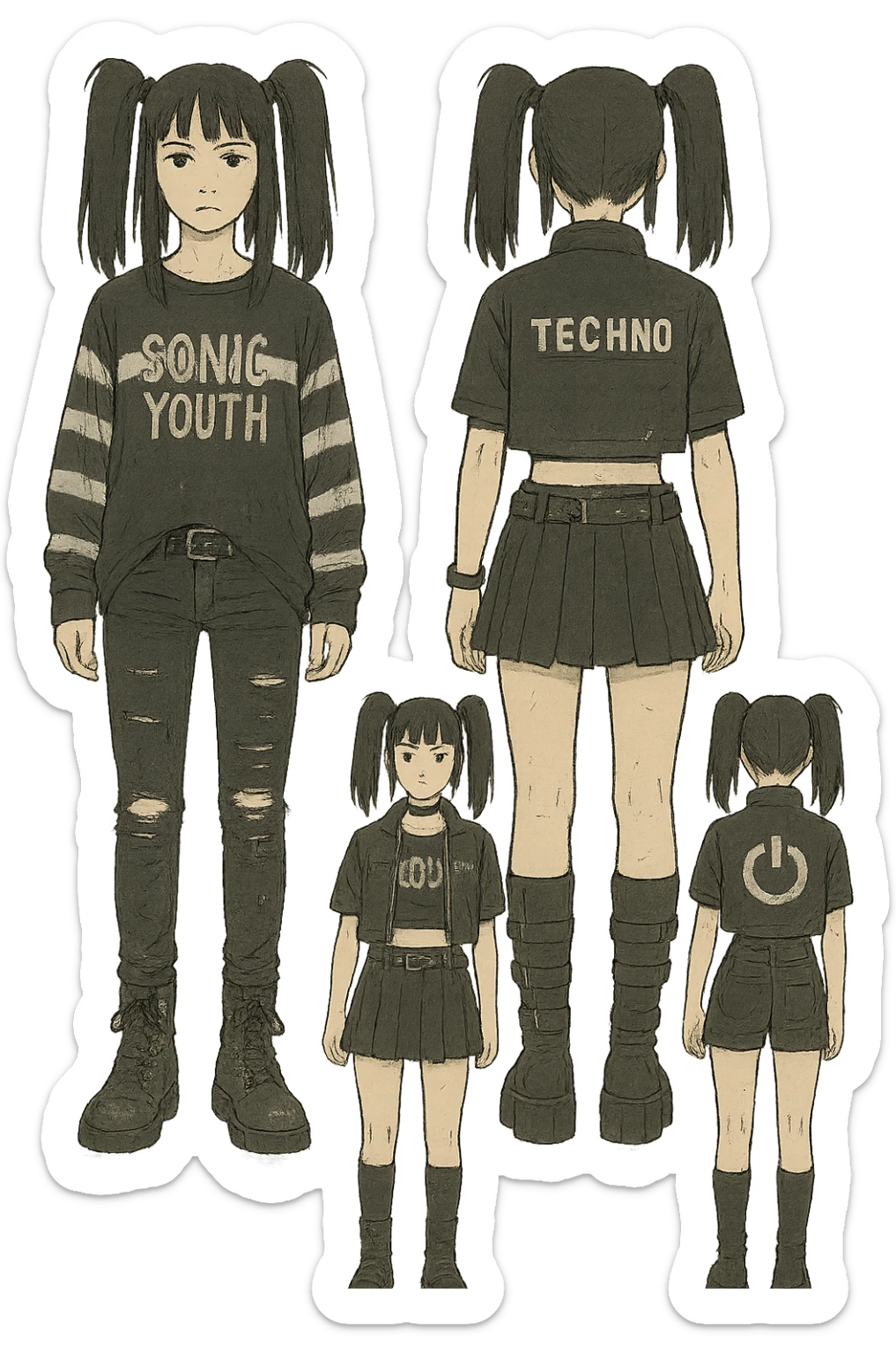 outfit designs for a VTUBER OC. The style is mixed 90's grunge, punk, lots of black and white in the color scheme, futuristic aesthetic. Clothing has small rips and tears from wear, logos and designs are faded. Garage, Shoegaze, postmodern style. character design concept art outfits for a female. [[FUTUREPUNK CYBERGOTH]] front on view, not 3/4 angle or any angle, perfect front, front and back view of each design,  sticker