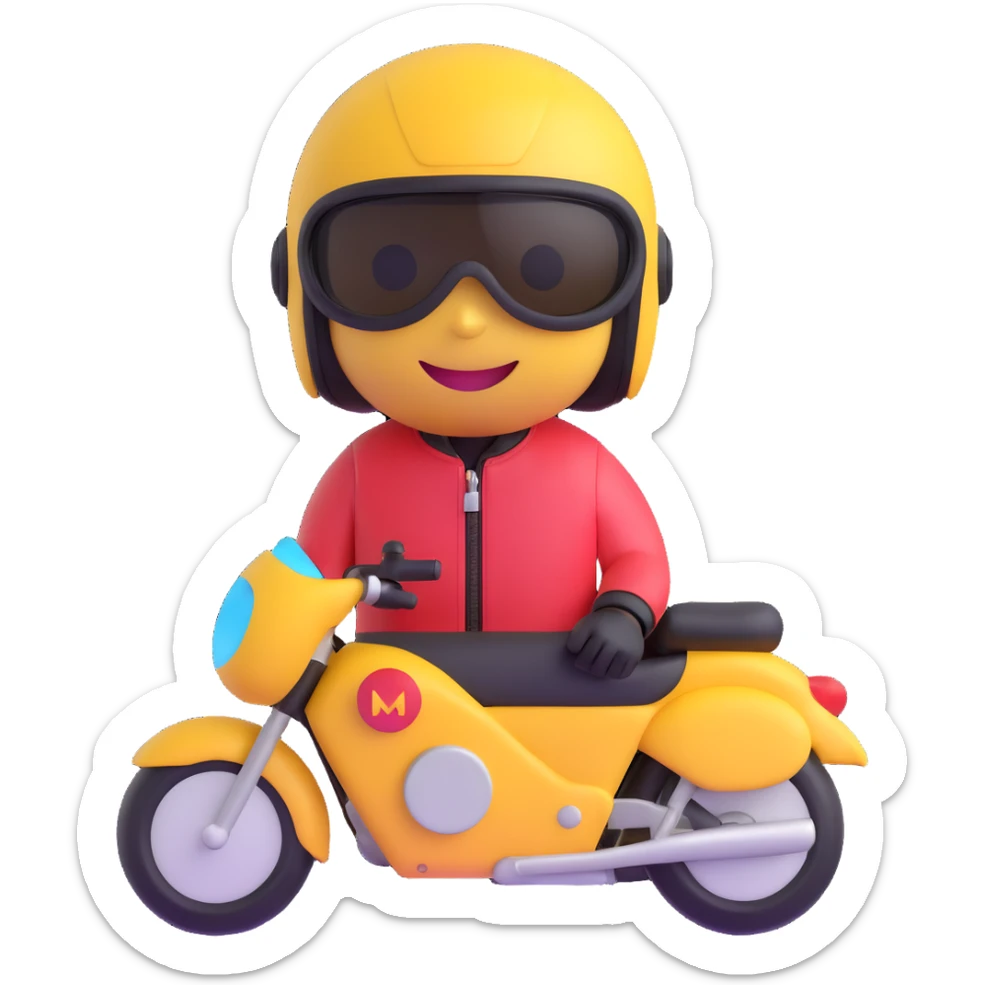3D smiley emoji, round shape, sport motorcyclist: colorful motorcycle suit, sport helmet, youthful face sticker