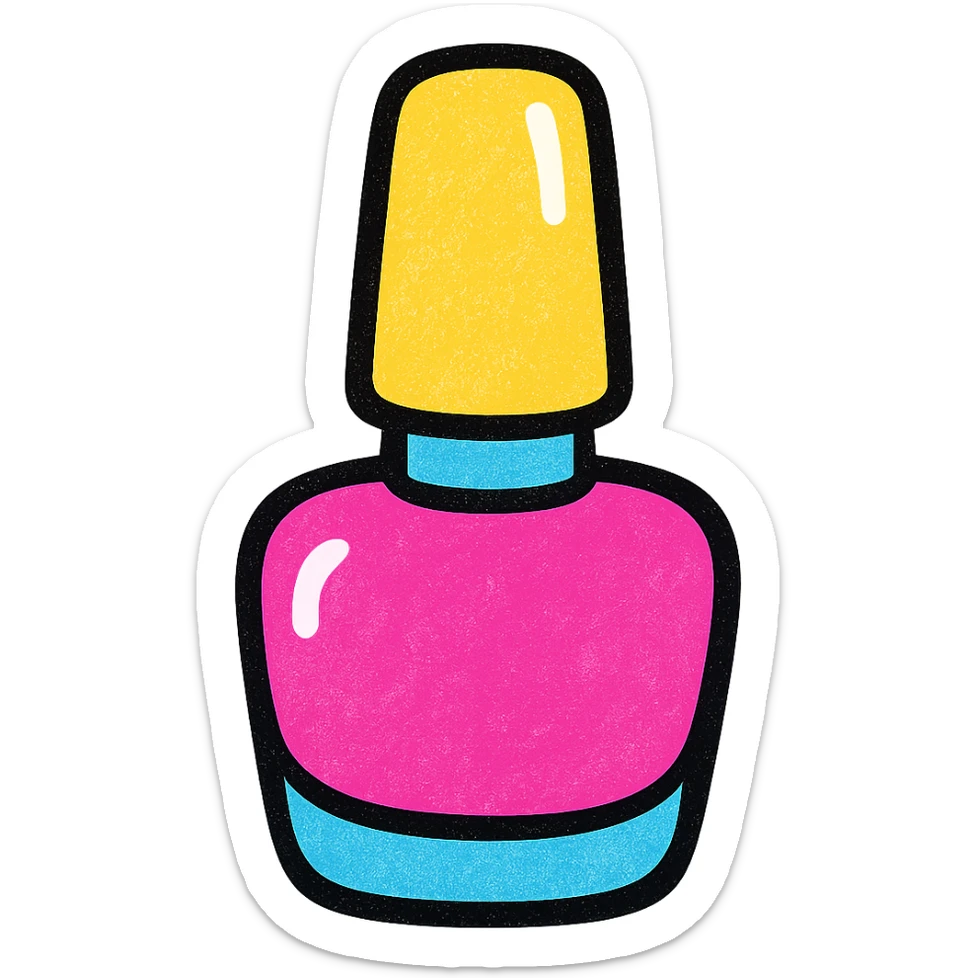 stylized nail polish bottle with a shiny cap, vibrant colors icon sticker