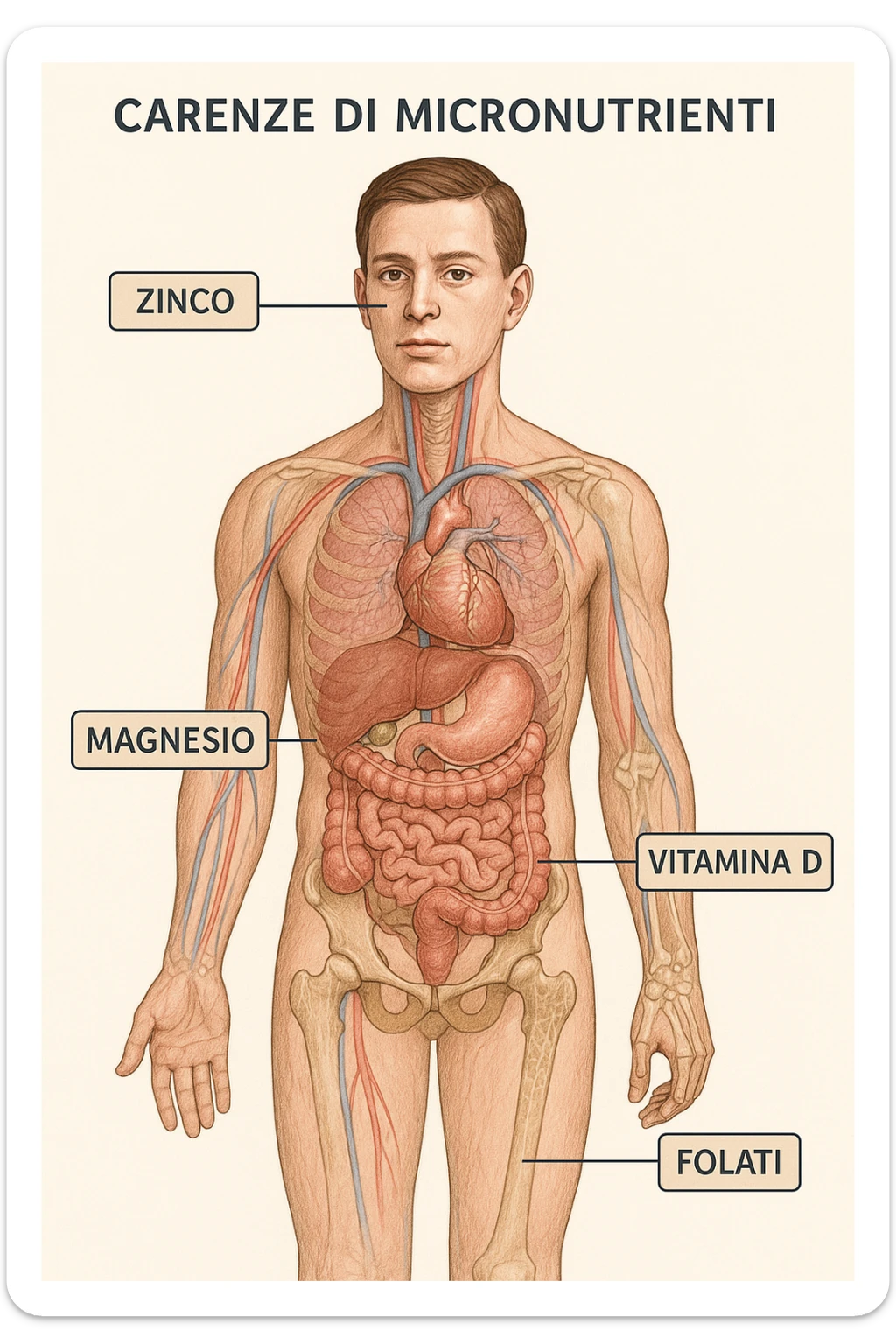 corpo umano in carenza di micronutrienti come zinco, magnesio, vitamina D, folati, in italiano sticker