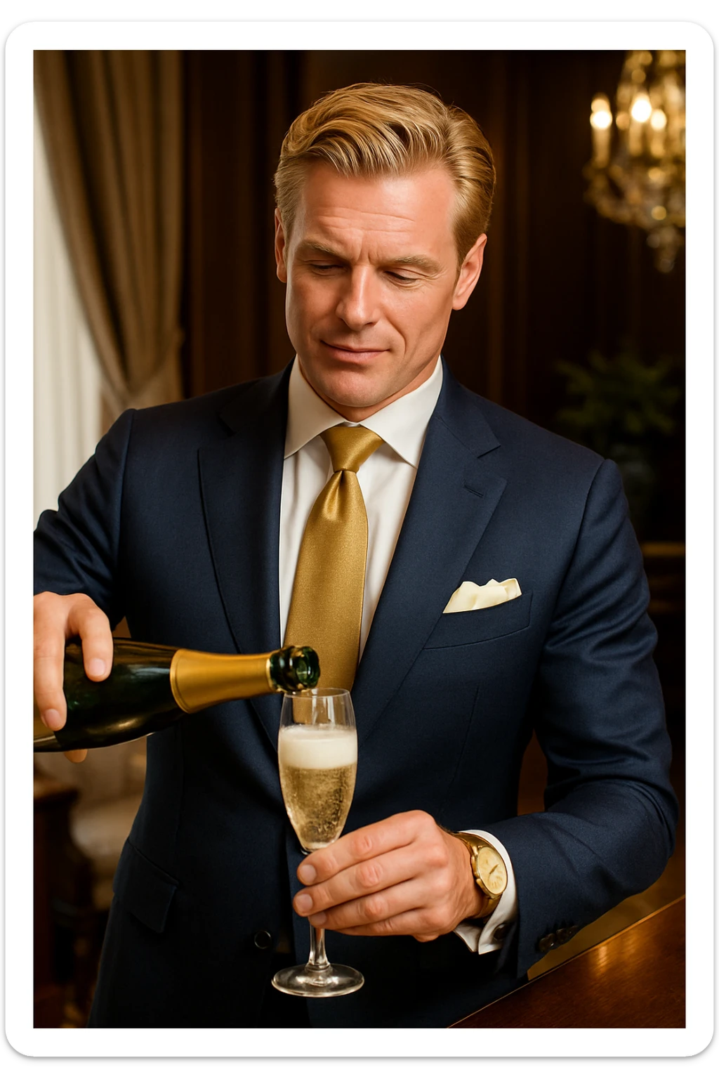 A strong, wealthy, smart, opulent white man with blonde hair, looking healthy and well-suited, pouring a glass of champagne. sticker