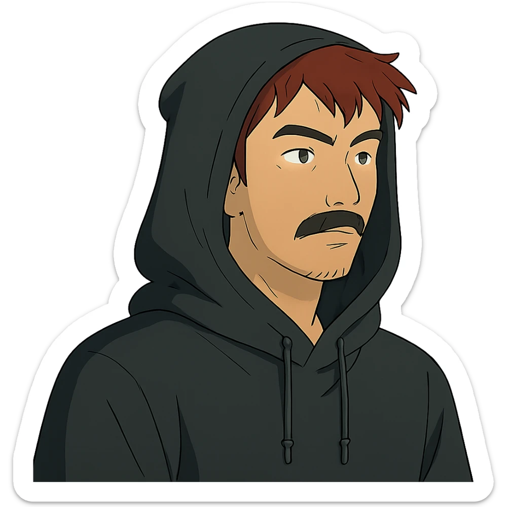 Asian man with black mustache, red hair, wearing a black hoodie in Japanese cyberpunk anime style sticker