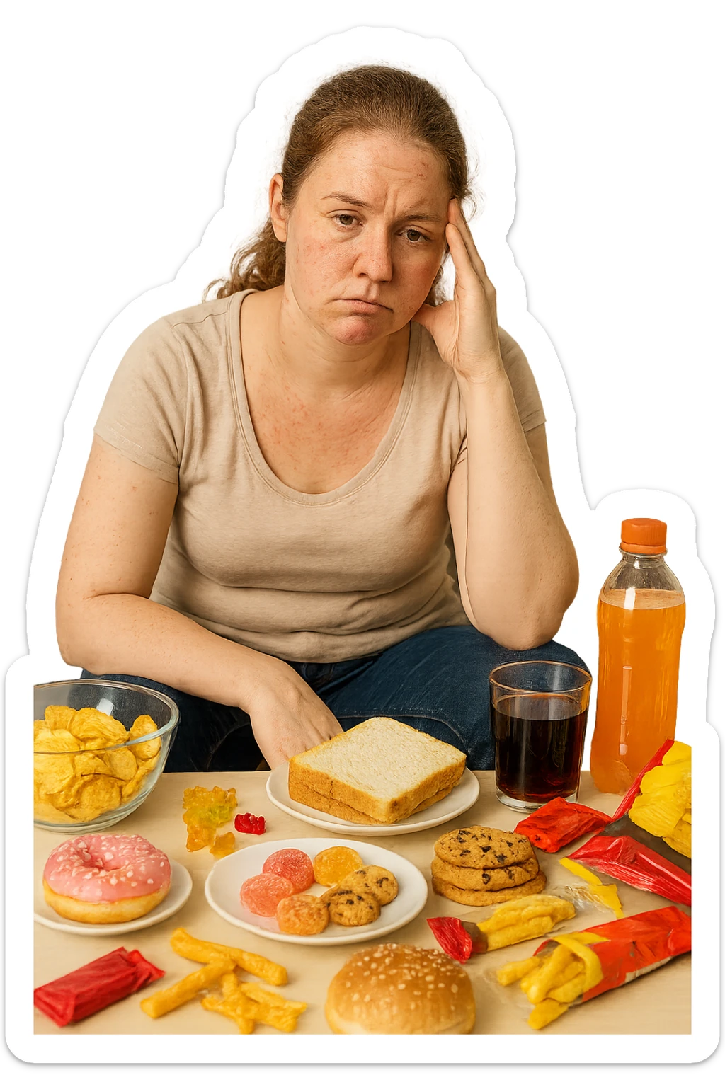 Donna tra i 25 e i 35 anni seduta sul divano o a un tavolo disordinato, circondata da cibi sparsi e poco sani: patatine, dolci, pane bianco, snack confezionati, bibite. con infiammazione e squilibri ormonali sticker