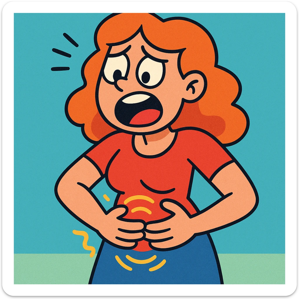 cartoon of a woman with a hungry tummy, expressive face, holding her stomach, simple background, vibrant toon style, fun and playful sticker