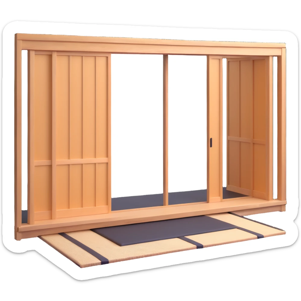 traditional Japanese house with wooden structure, sliding shoji doors, and tatami mat flooring sticker