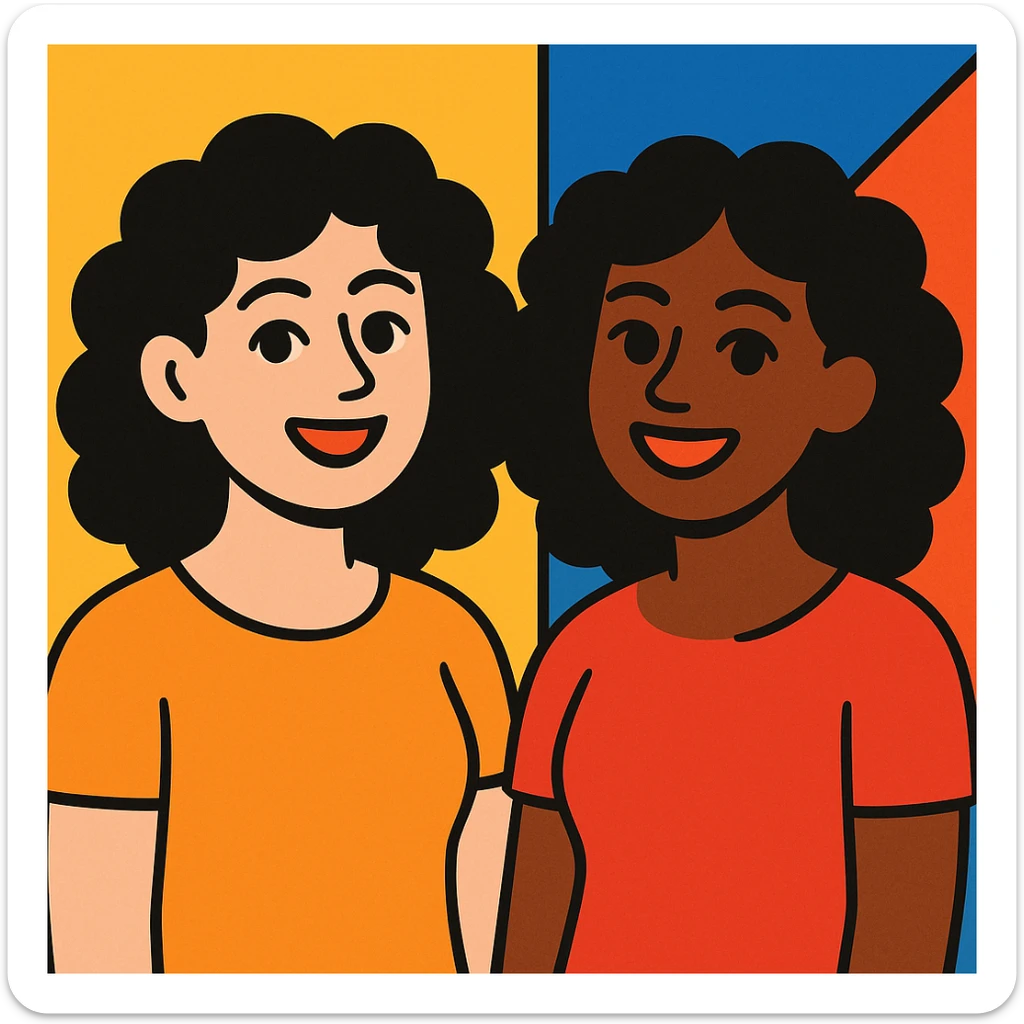 illustration of two women, one with light skin and one with dark skin, both with black curly hair, black eyes, full lips, smiling expression, cartoon style sticker