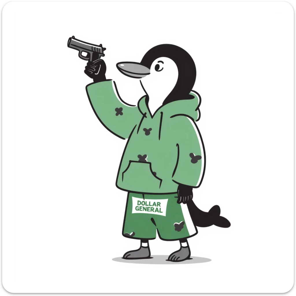 A cute but tough half-dolphin half-penguin thug holding a small gun, wearing a green hoodie with blood stains and Dollar General branded shorts sticker
