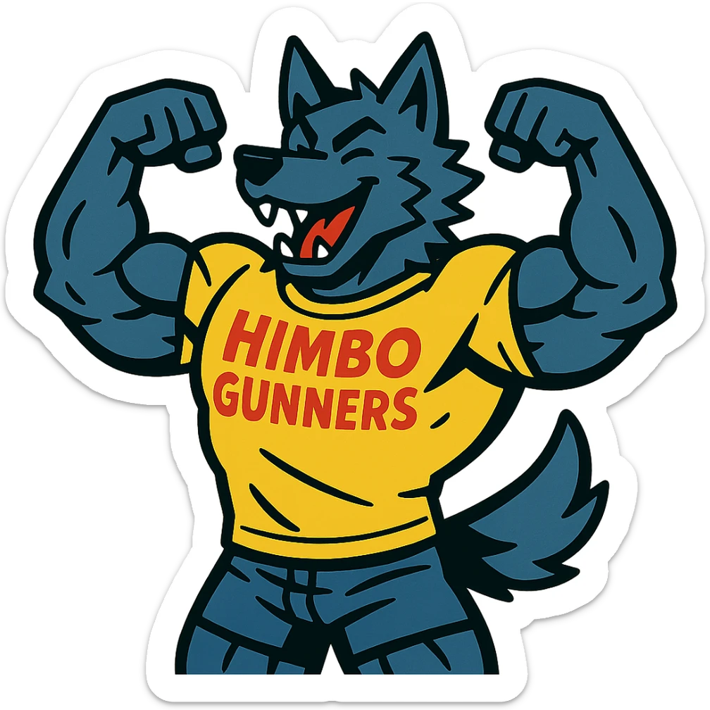 very muscular wolf furry, flexing pose, wearing a t-shirt with 'Himbo gunners', energetic and playful sticker