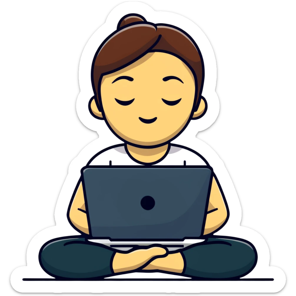 cartoon sticker of a yoga teacher meditating with a laptop beside her sticker