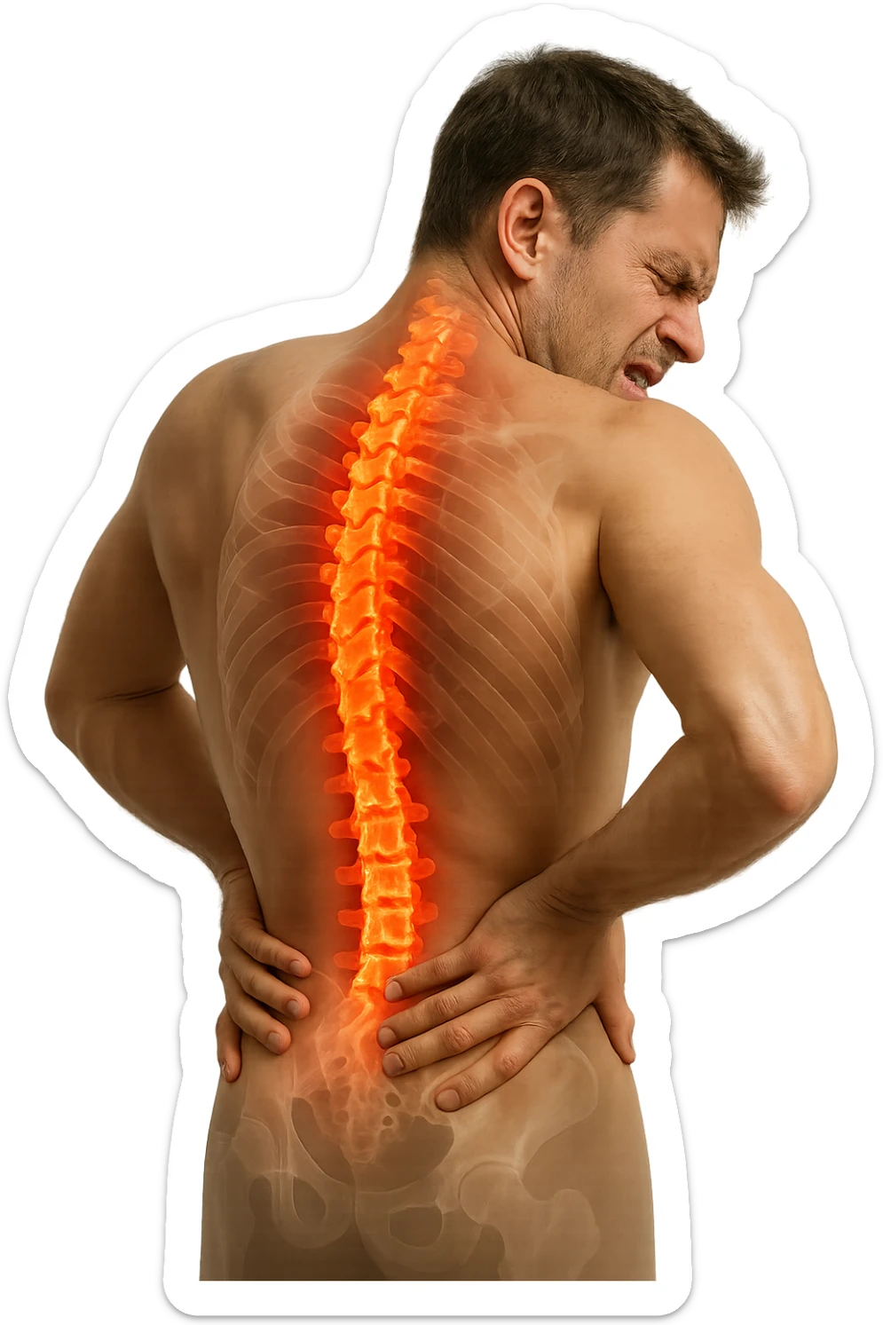 uomo con spina dorsale anatomica visibile che si massaggia la schiena perché gli fa male, iperrealistico 4k sticker
