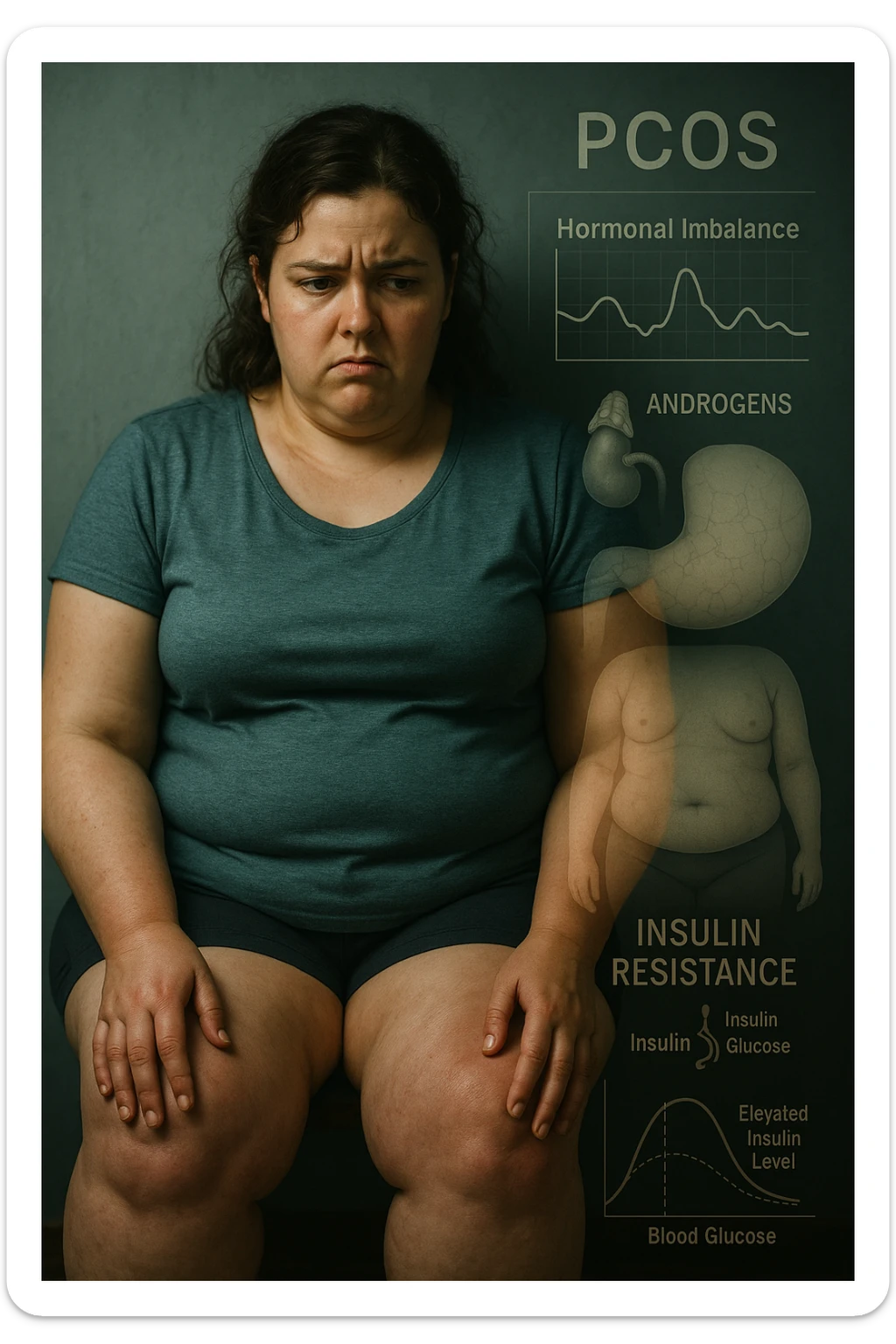 cinematic realistic in italiano Woman with PCOS struggling with hormonal chaos, transparent overlay showing elevated androgens and insulin resistance affecting her body, lipedema causing disproportionate fat accumulation in legs and arms despite normal torso, expression of frustration with unexplained weight gain, medical charts showing complex endocrine dysfunction, painful swollen limbs contrasting with metabolic confusion scrivi in italiano sticker