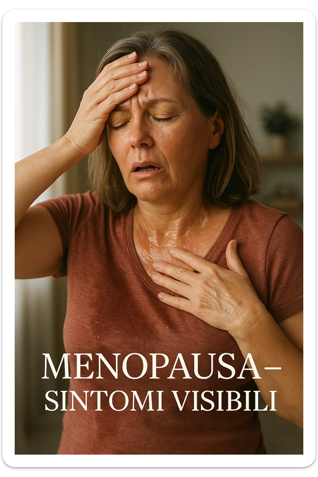 Donna in menopausa con sintomi evidenti. immagini specifiche, se usi testo deve essere in italiano. immagini realistiche 4k sticker