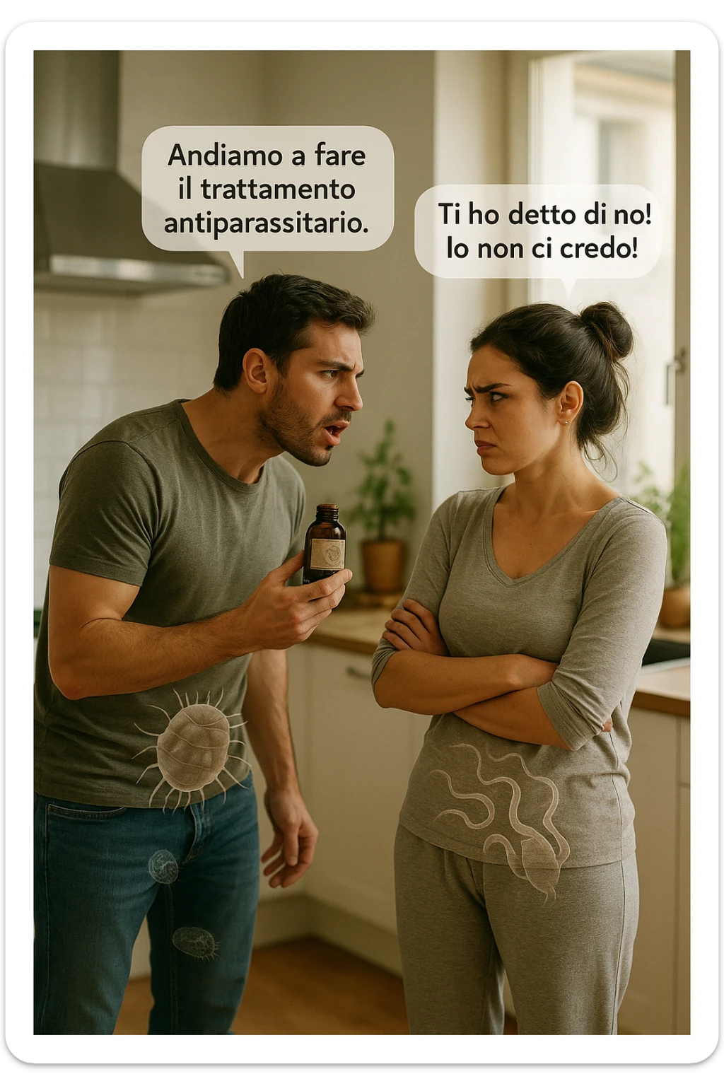 A highly realistic, cinematic photo of a young couple in their early 30s having an argument in a bright modern kitchen. The man, athletic build, wearing a casual T-shirt and jeans, is speaking firmly with a raised hand holding a small amber glass bottle labeled with a subtle herbal symbol, saying 'Andiamo a fare il trattamento antiparassitario' with a determined expression. The woman, with long dark hair tied in a messy bun, casual home outfit, crosses her arms with an angry, defensive expression, replying 'Ti ho detto di no! Io non ci credo!' while slightly turning away. Tension is visible in their body language, with the man leaning forward trying to explain and the woman leaning back, her eyebrows furrowed. Around them, subtle ghostly overlays of microscopic parasites are faintly visible near their abdominal areas, symbolizing the hidden reason for the argument. The kitchen is bright and modern with plants and natural light, contrasting the emotional tension. The style is hyperrealistic with warm tones and shallow depth of field focusing on their facial expressions, illustrating the conflict between belief in natural treatments and skepticism within the couple regarding hidden parasitic infections. in italiano sticker