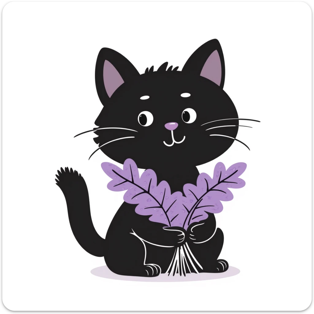 cat holding a bouquet of purple lilac flowers in hand, hand drawn doodle style sticker