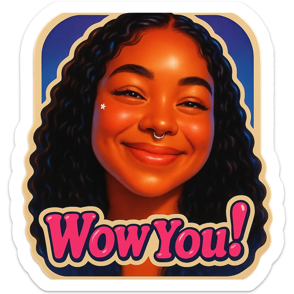 excited smile with mouth closed 
add the words W You! in pink sticker