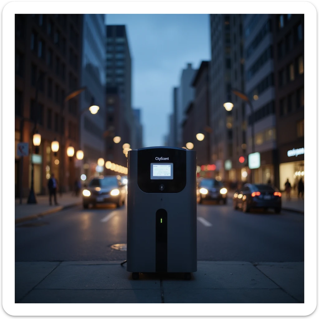 realistic evening cityscape with the CityScent air freshener machine standing alone in the center, illuminated by ambient city lights, modern urban environment, no people, focus on the machine sticker