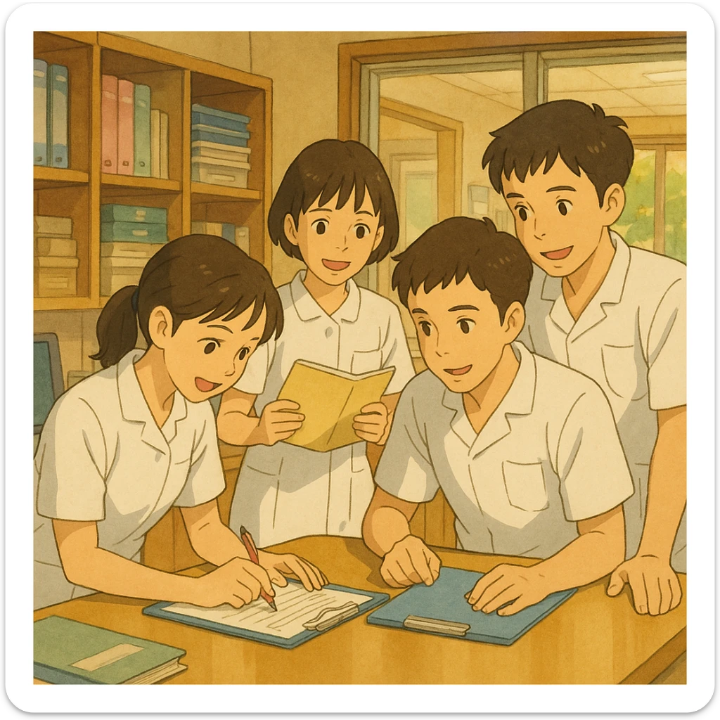 scène d'équipe de quatre étudiants infirmiers, inspirés des photos, travaillant ensemble dans un poste de soin, style Ghibli, uniformes blancs, manches courtes, col en V, poche poitrine à gauche, pas de col classique, ni stéthoscopes, ni tissus sous les manches, interaction et collaboration visibles sticker