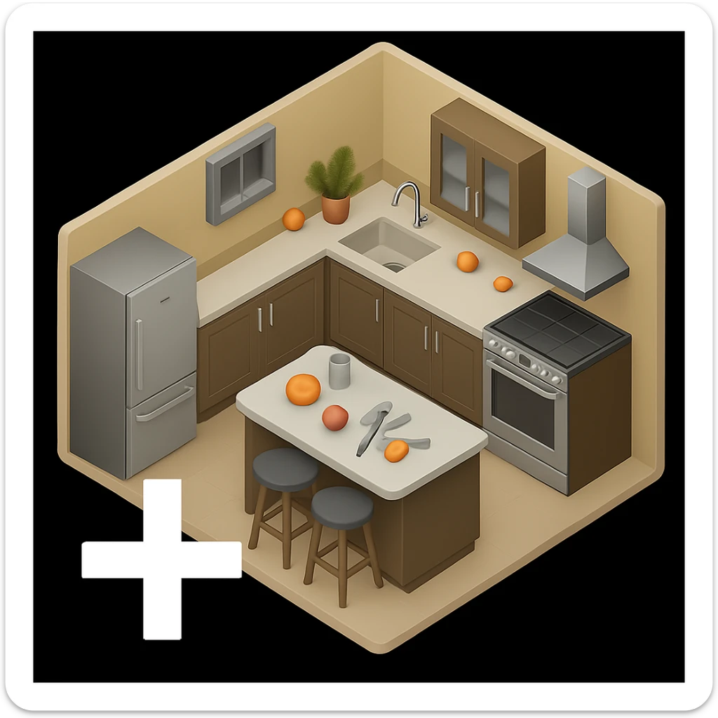 Place a plus symbol to the left side of the kitchen emoji, outside the kitchen area, ensuring it does not overlap or cover any part of the kitchen. Keep the style and perspective consistent with the original image. sticker