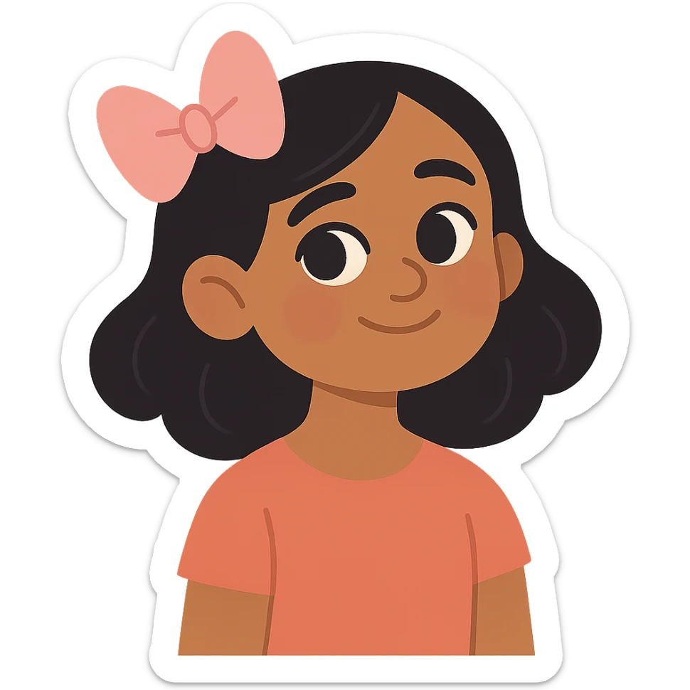 aesthetic portrait of a Sri Lankan girl with dark-ish but light skin, black hair, dark brown eyes, button nose, cute pink bow sticker