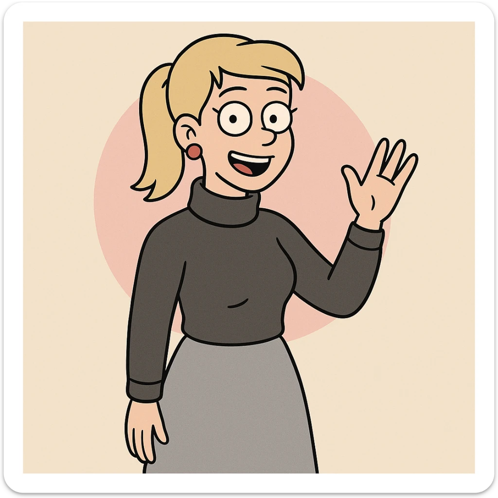 Women Medium Blonde median ponytail hair pink circle earrings Charcoal Athens Merino Wool Roll Neck Jumper Grace skirt a hand say hello sticker