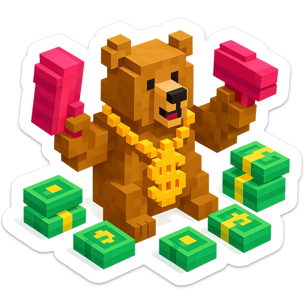 Russian grizzly bear with a rapper chain and a money gun, surrounded by stacks of money sticker