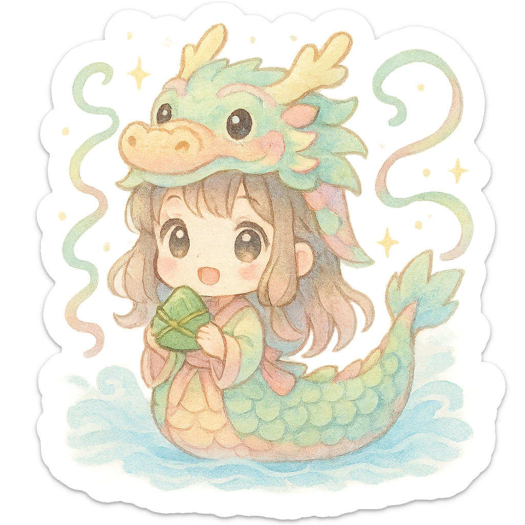 kawaii chibi girl in a pastel dragon boat costume, holding a rice dumpling, with floating ribbons, sparkles, soft waves, festive Dragon Boat Festival, soft watercolor, pastel palette, fluffy sticker