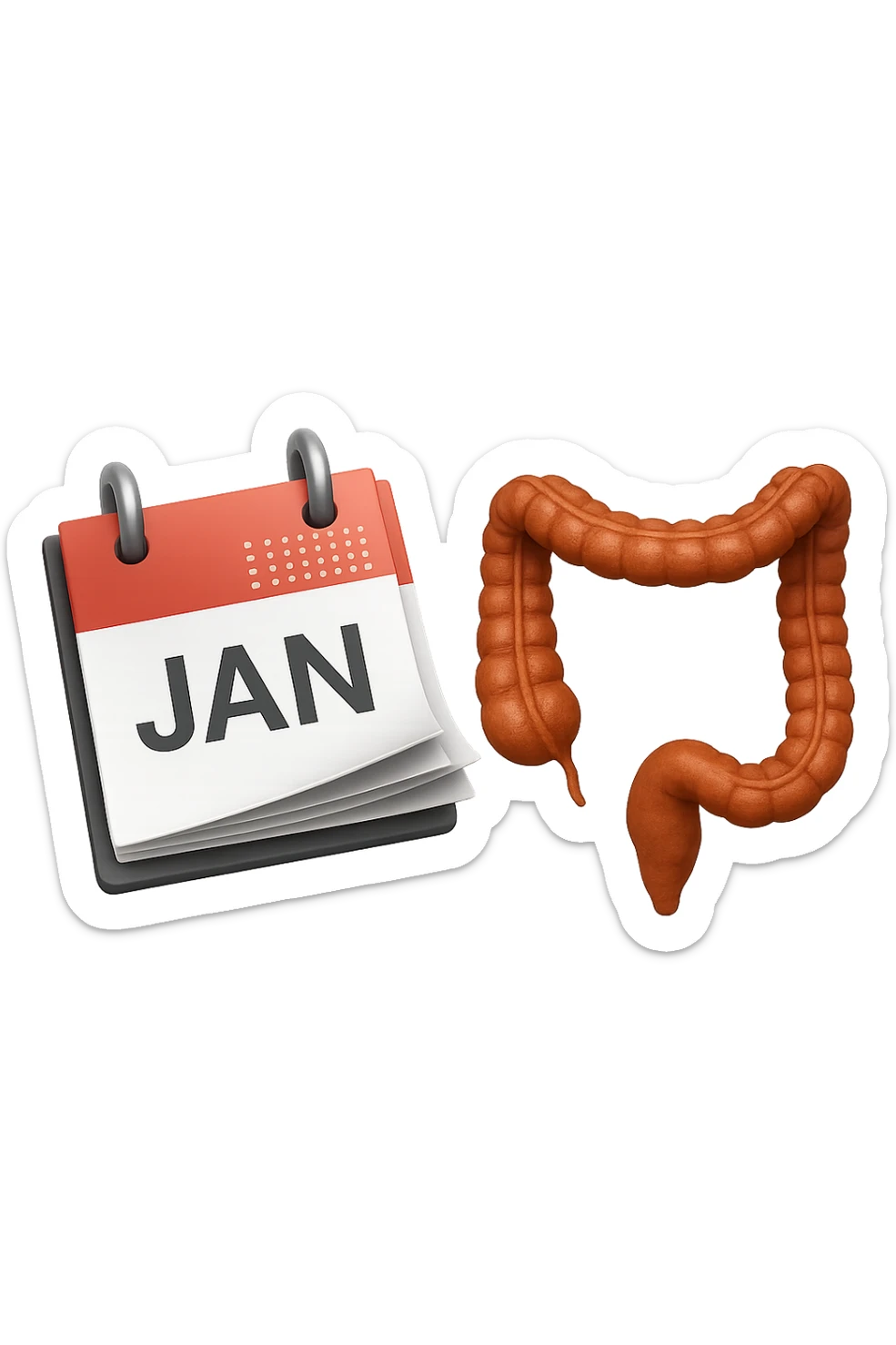 emoji stile iphone di un calendario con fogli che volano insieme a pezzi anatomici di colon umano, iperrealistico 4k, isolato su sfondo bianco sticker